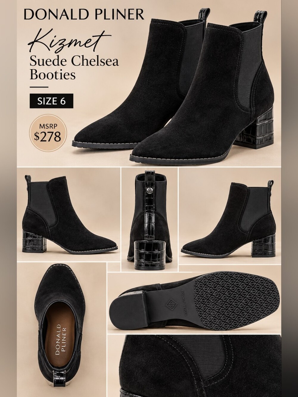 Donald J. Pliner Black Suede Chelsea Booties with Croc Block Heel